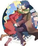  1girl bad_id bad_pixiv_id blue_hair boots city coat cogiku couple hetero holding_hands instrument long_hair multicolored_hair nia_teppelin pantyhose piano_keys scarf shoes simon smile sneakers tengen_toppa_gurren_lagann trench_coat winter 