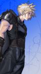  1boy armor black_pants black_shirt blonde_hair blue_eyes buster_sword closed_mouth cloud_strife commentary final_fantasy final_fantasy_vii from_side highres male_focus pants parted_hair pauldrons profile shevabat2 shirt short_hair shoulder_armor single_pauldron solo spiked_hair suspenders sword sword_on_back weapon weapon_on_back 