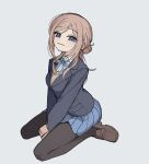  1girl absurdres between_legs black_pantyhose blazer blue_eyes blue_jacket blue_skirt breasts brown_hair brown_shoes cardigan_under_jacket closed_mouth collared_shirt full_body gakuen_idolmaster grey_background half-closed_eyes hand_between_own_legs hatsuboshi_gakuen_school_uniform highres himesaki_rinami idolmaster jacket loafers long_hair long_sleeves looking_at_viewer miya_(miya-oekaki1128) neck_ribbon no_nose pantyhose ribbon school_uniform shirt shoes sidelocks simple_background sitting skirt small_breasts solo sweater_vest v_arms wariza 