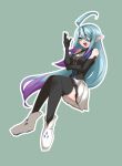  1girl ankle_boots aqua_eyes arm_under_breasts bare_shoulders black_gloves black_shirt black_thighhighs blue_eyeshadow blue_hair blue_lips boots breasts commentary_request elbow_gloves eyepatch eyeshadow gloves green_background hand_up highres hilary_flail hinata_sun inazuma_eleven_(series) inazuma_eleven_go inazuma_eleven_go_galaxy invisible_chair large_breasts legs_together long_hair looking_at_viewer makeup multicolored_hair open_mouth outline pleated_skirt pointy_ears purple_hair shirt sitting skirt sleeveless sleeveless_shirt smile solo thighhighs two-tone_hair very_long_hair white_boots white_outline white_skirt 