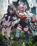  2girls absurdres ahoge animal_ears arknights arknights:_endfield black_gloves black_hair black_shoes black_shorts black_skirt black_socks blue_eyes blue_horns breasts cleavage commentary demon_horns dryegen english_commentary eyepatch fingerless_gloves floating full_body gloves green_thighhighs hair_intakes hair_over_one_eye hand_on_another's_neck highres horns invincible_(series) jacket jug_(bottle) kneehighs large_breasts looking_at_viewer mi_fu_(arknights) miniskirt mole mole_on_breast multiple_girls pink_hair pointy_ears puffy_short_sleeves puffy_sleeves red_gloves red_shirt scene_reference shirt shoes short_shorts short_sleeves shorts skirt socks tail tangtang_(arknights) thighhighs tiger_ears tiger_girl tiger_tail white_jacket 
