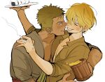  2boys alcohol blonde_hair blush brown_shirt cigarette collarbone collared_shirt commentary cup curly_eyebrows english_commentary facial_hair flame1827 food goatee green_hair grey_robe grin holding holding_cigarette holding_cup holding_plate looking_at_another male_focus multiple_boys one_piece onigiri open_clothes open_shirt parted_bangs plate popped_collar robe roronoa_zoro sanji_(one_piece) sash shirt short_sideburns sideburns smile smoke smoke_trail tankard upper_body yaoi 