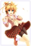  :d bike_shorts blonde_hair blue_eyes crossdressing hair_ornament hair_ribbon hairclip headphones highres hirobakar index_finger_raised kagamine_len looking_at_viewer male_focus open_mouth otoko_no_ko plaid plaid_skirt pleated_skirt red_footwear ribbon shoes skirt smile socks solo vocaloid white_legwear 