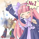  1girl black_capelet brown_hair capelet demon_girl disgaea karina long_hair lowres mage_(disgaea) male_warrior_(disgaea) orz pink_hair pointy_ears short_hair 