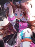  1girl animal_ears blue_eyes blush breasts brown_hair commentary_request curtained_hair dress fingerless_gloves gloves highres horse_ears horse_girl horse_tail kawakami_princess_(umamusume) long_hair looking_at_viewer medium_breasts n20u28 open_mouth pink_dress prototype_design rock short_sleeves smile solo tail thighhighs umamusume white_gloves white_thighhighs 