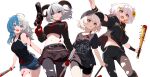  4girls :d absurdres ahoge armband bandaged_arm bandages bare_shoulders baseball_bat baseball_cap belt black_belt black_gloves black_hat black_pants black_pantyhose black_shirt black_shorts black_skirt blood blood_on_arm blood_on_clothes blood_on_face blood_on_gloves blood_on_stomach blood_on_thigh blood_on_weapon blue_eyes blue_hair breasts clothes_writing collarbone colored_inner_hair commentary_request cowboy_shot cropped_jacket crowbar demon_horns denim denim_shorts floating_clothes floating_hair flower gloves gun hair_flower hair_intakes hair_ornament hand_up handgun hat highres holding holding_crowbar holding_gun holding_knife holding_weapon horns knife long_hair long_sleeves looking_at_viewer medium_breasts medium_hair midriff midriff_peek mole mole_under_eye mole_under_mouth monmon_(novus) multicolored_hair multiple_girls navel north_yuka novus open_mouth orange_hair outstretched_arms pants pantyhose parted_lips pointy_ears project-sp red_eyes seal_hair_ornament shirakami_haruka shirt short_sleeves shorts single_bare_shoulder single_glove single_off_shoulder skirt sleeveless sleeveless_shirt smile split-color_hair spread_arms swept_bangs thighs torn_clothes torn_pants torn_pantyhose virtual_youtuber weapon weiyou_mayori white_background white_hair wucandan_de_gangtanke x_hair_ornament yellow_eyes 