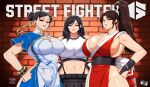  3girls absurdres alternate_breast_size_(larger) artist_logo artist_name artstation_username bracelet breasts brick_wall chinese_clothes chun-li copyright_name crop_top crossover deviantart_username discord_username double_bun english_commentary facebook_username fatal_fury final_fantasy final_fantasy_vii final_fantasy_vii_remake hair_bun hair_ribbon high_ponytail highres huge_breasts jadenkaiba jewelry logo mixed-language_commentary motoyui multiple_girls newgrounds_username pelvic_curtain pixiv_username ponytail ribbon shiranui_mai skirt street_fighter street_fighter_6 suspender_skirt suspenders tank_top tifa_lockhart toned toned_female twitter_username web_address white_tank_top wrist_guards 