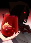  1girl absurdres alcohol animal_ears axerusart black_hair black_nails black_necktie black_thighhighs black_vest blonde_hair bow bowtie braid buttons cat_ears collared_shirt commentary cup drinking_glass food fruit funamusea glass glowing glowing_eye gradient_background grey_jacket hat highres holding holding_cup jacket kurai_yonaka looking_at_viewer lord_prosciutto moge-ko mogeko_castle necktie open_mouth plaid_bow pleated_skirt red_bow red_bowtie red_eyes red_shirt red_skirt shade shirt skirt smile strawberry teeth thighhighs twin_braids untranslatable_commentary vest white_shirt wine wine_glass 