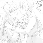  2girls anger_vein annoyed arrow_(symbol) clenched_hands commentary_request doodle_inset dress fujishima_megumi greyscale hanamiya_nina_(style) hand_on_another's_shoulder hasu_no_sora_school_uniform long_hair long_sleeves love_live! love_live!_hasu_no_sora_jogakuin_school_idol_club low_ponytail monochrome multiple_girls neckerchief nekopan_(neko-blr) nervous_sweating otomune_kozue own_hands_together pleated_dress ponytail sailor_collar school_uniform sweat trembling two_side_up v-shaped_eyebrows virtual_youtuber winter_uniform 