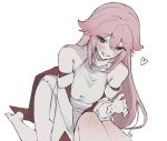  2girls animal_ears blush commentary_request dress female_pov fox_ears genshin_impact heart highres knee_blush kneeling long_hair multiple_girls open_mouth pink_hair pov purple_eyes raiden_shogun smile solo_focus white_dress yae_miko yona_4777 yuri 