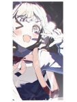  >_o 1girl :d ;d blonde_hair blue_dress blush border bow bowtie collared_shirt commentary dress green_eyes hand_up highres indie_virtual_youtuber looking_at_viewer one_eye_closed open_mouth pinafore_dress pom_pom_(clothes) red_bow red_bowtie shigure_ui_(vtuber) shigure_ui_(young)_(vtuber) shirt sleeveless sleeveless_dress smile solo sora_nat v v_over_eye virtual_youtuber white_border white_shirt 