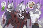  3boys anger_vein annoyed artist_name bandaged_arm bandaged_chest bandages bandaid bandaid_on_face bandaid_on_nose bara blood blood_on_arm blood_on_face blood_on_tail character_name closed_mouth commentary_request english_text eyepatch fox_mccloud furry furry_male injury jacket leon_powalski looking_at_viewer looking_to_the_side m_s_gz male_focus multiple_boys open_mouth red_jacket smile speech_bubble spoken_character squiggle star_fox thought_bubble translation_request wolf_o'donnell 
