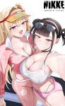  2girls absurdres black_choker black_hair blonde_hair breasts buruma choker clay_(cheer_up_training)_(nikke) clay_(nikke) cleavage commentary copyright_logo eyewear_on_head goddess_of_victory:_nikke hair_intakes highres jacket large_breasts logo long_hair looking_at_viewer midriff multiple_girls navel official_alternate_costume open_mouth pants panty_straps pink_buruma pink_eyes pink_jacket pink_pants revision short_hair smile sora_(nikke) sora_(spring_flight)_(nikke) sports_bra sportswear sunglasses sweat twintails very_long_hair visor_cap white_sports_bra yoga_pants zdj 