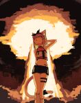 1girl :o absurdres animal_ear_fluff animal_ears barcode barcode_tattoo black_shorts blush bow bow_hairband cat_ears cat_girl cat_tail colored_inner_hair commentary crop_top explosion flat_chest hairband hand_in_own_hair hand_on_own_head highres indie_virtual_youtuber looking_up loose_socks lyrinne multicolored_hair mushroom_cloud navel open_mouth pink_hair shirt short_hair shorts shwaa sleeveless sleeveless_shirt socks solo tail tail_bow tail_ornament tattoo thigh_strap virtual_youtuber white_socks 