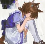  2girls absurdres agnes_tachyon_(umamusume) ahoge animal_ears black_hair bow bowtie brown_hair brown_shoes closed_mouth earrings hair_between_eyes highres horse_ears horse_girl horse_tail jewelry jiye_p1 knees_up long_hair looking_at_viewer manhattan_cafe_(umamusume) medium_hair multiple_girls pleated_skirt puffy_short_sleeves puffy_sleeves purple_bow purple_bowtie purple_shirt red_eyes sailor_collar sailor_shirt school_uniform shirt shoes short_sleeves single_earring sitting skirt smile solo_focus tail thighhighs tracen_school_uniform umamusume white_sailor_collar white_skirt white_thighhighs 