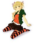  belt blonde_hair caboya flat_chest food hair_ribbon marui_mitsuba mitsudomoe popsicle ribbon short_hair skirt solo striped striped_legwear thighhighs twintails yellow_eyes zettai_ryouiki 