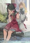  2girls ^_^ apron black_skirt black_vest blonde_hair bow braid brown_eyes brown_hair closed_eyes detached_sleeves frilled_bow frilled_hair_tubes frilled_skirt frills gloves hair_bow hair_tubes hakurei_reimu highres kirisame_marisa long_hair missing_headwear multiple_girls open_mouth puffy_short_sleeves puffy_sleeves red_bow red_skirt ribbon-trimmed_sleeves ribbon_trim shi_chimi short_sleeves side_braid single_braid sitting skirt skirt_set smile soaking_feet touhou vest waist_apron water white_apron white_bow white_gloves 