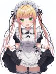  1girl apron black_dress black_ribbon blonde_hair blush collared_dress commentary_request cowboy_shot dress frilled_apron frilled_thigh_strap frills gradient_hair green_eyes hair_intakes hair_ribbon highres holding_own_dress hololive in_pocket long_hair looking_at_viewer maid maid_apron maid_headdress momosuzu_nene momosuzu_nene_(maid) multicolored_hair mumei_(mumeillust1123) nekko_(momosuzu_nene) open_mouth pink_hair pink_streaks puffy_sleeves ribbon short_sleeves sidelocks simple_background smile solo streaked_hair teeth thigh_strap twintails upper_teeth_only very_long_hair virtual_youtuber white_apron white_background 