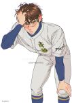  1boy ace_of_diamond bent_over blue_shirt blue_socks brown_eyes brown_hair buttons commentary commission english_commentary goggles hand_on_own_head hand_on_own_knee highres male_focus miyuki_kazuya nume_x pants shirt short_hair simple_background socks solo sweat twitter_username white_background white_pants 