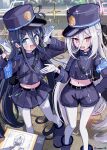  2girls absurdres alternate_costume aris_(blue_archive) armband artist_name belt black_belt black_hair blue_archive blue_armband blue_boots blue_eyes blue_halo blue_hat blue_jacket blue_shorts blue_skirt blush boots buttons cosplay disembodied_hand dot_nose double-breasted gloves hair_between_eyes halo hands_up happy hat highres hikari_(blue_archive) hikari_(blue_archive)_(cosplay) jacket kei_(blue_archive) long_hair long_hair_between_eyes looking_at_viewer looking_to_the_side midriff multiple_girls navel nozomi_(blue_archive) nozomi_(blue_archive)_(cosplay) open_hands open_mouth outdoors outstretched_hand pantyhose peaked_cap pink_eyes pink_halo railroad_tracks ringed_eyes shorts shoulder_boards skirt sparkle standing sweatdrop thomason366 ticket train_conductor white_gloves white_hair white_pantyhose 