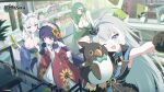  4girls :d ;d absurdres ahoge animal_ears black_gloves blue_eyes blue_hairband bottle breasts cleavage commentary cup disposable_cup english_commentary fang female_tyrant_(stella_sora) flower fox_ears fox_girl gloves green_eyes green_hair grey_hair hair_flower hair_ornament hairband highres holding holding_bottle long_hair looking_at_viewer maid maid_headdress manew multiple_girls nanoha_(stella_sora) one_eye_closed open_mouth otoha_(stella_sora) pointy_ears portia_(stella_sora) purple_eyes purple_hair second-party_source sherlock_(stella_sora) sideways_hat smile stella_sora sunflower sunflower_hair_ornament sweatdrop tyrant_(stella_sora) visor_cap white_gloves 