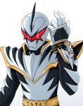  1boy abare_killer absurdres armor armored_bodysuit assault_visor bakuryuu_sentai_abaranger belt belt_buckle black_bodysuit bodysuit buckle commentary curled_fingers dino_minder gloves gold_belt gold_trim hand_up helmet high_collar highres index_finger_raised jrpulse looking_ahead male_focus multicolored_bodysuit simple_background solo super_sentai tokusatsu twitter_username two-tone_bodysuit upper_body white_armor white_background white_bodysuit white_gloves white_helmet 