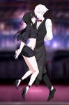  1boy 1girl absurdres apron aqua_eyes arms_behind_back belt black_hair black_shoes black_skirt black_vest blunt_bangs blurry blurry_background blush bound bound_arms bound_together bow bowtie commentary crop_top cropped_jacket cropped_shirt death_parade decim_(death_parade) english_commentary hair_over_one_eye high_heels highres kurokami_no_onna long_hair microskirt midriff multicolored_hair nipuni red_bow red_bowtie shoes skirt streaked_hair string traditional_bowtie two-tone_hair vest waist_apron web_address white_belt white_hair 