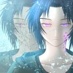  1girl artist_name black_hair black_jacket commentary_request crack facial_tattoo highres hood hood_down jacket junkichi1222_(ryuya) levi_(scum_of_the_brave) looking_at_viewer parted_bangs purple_eyes scum_of_the_brave short_hair tattoo 