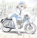  3girls akiyama_yukari anchovy_(girls_und_panzer) anzio_school_uniform belt beret birthday blonde_hair blue_necktie blue_skirt breasts brown_eyes brown_hair building camera carpaccio_(girls_und_panzer) collared_shirt commentary fluffy_hair full_body girls_und_panzer grey_hair happy_birthday hat highres holding holding_camera kiosk kubota_shinji loafers long_sleeves looking_at_viewer medium_hair motor_vehicle motorcycle multiple_girls necktie on_motorcycle pantyhose pleated_skirt school_uniform shirt shoes skirt small_breasts twintails untranslatable_commentary white_pantyhose white_shirt 