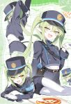  1girl 2windrill analog_clock badge belt belt_buckle black_belt black_tail blue_archive blue_hat blue_jacket blue_shorts blush buckle buttons chibi clock closed_eyes commentary_request double-breasted earrings fang food gloves green_hair gun hair_between_eyes halo handgun happy hat highres holster jacket jewelry long_hair looking_at_viewer manurhin_mr73 multiple_views nozomi_(blue_archive) open_mouth pantyhose peaked_cap pizza pizza_box pointy_ears railroad_tracks revolver shirt shorts skin_fang stretching tail twintails weapon white_gloves white_pantyhose white_shirt yellow_eyes 