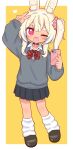 1girl :d ;d animal_ear_fluff animal_ears arm_up black_shoes black_skirt blonde_hair blush border bow bowtie bunny-san_(naga_u) cellphone collared_shirt commentary_request diagonal-striped_bow diagonal-striped_bowtie diagonal-striped_clothes fang full_body grey_sweater highres holding holding_phone long_hair long_sleeves looking_at_viewer loose_socks masurao_(sekaiju) miniskirt naga_u one_eye_closed outside_border phone pleated_skirt rabbit_ears rabbit_girl red_bow red_bowtie red_eyes sekaiju_no_meikyuu sekaiju_no_meikyuu_5 shirt shoes side_ponytail skirt smartphone smile socks solo striped_bow striped_bowtie striped_clothes sweater v white_border white_shirt white_socks yellow_background 