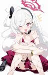  1girl :d ;d black_bow black_choker black_hairband black_shoes blue_archive bow bow_choker bracelet breasts choker dress earrings feet_out_of_frame fishnet_thighhighs fishnets fur_shawl hairband halo highres hugging_own_legs jewelry knees_up long_hair looking_at_viewer measho mutsuki_(blue_archive) mutsuki_(dress)_(blue_archive) notice_lines official_alternate_costume one_eye_closed open_mouth pointy_ears purple_dress purple_eyes purple_halo shawl shoes simple_background sitting small_breasts smile solo strap_slip thighhighs unworn_shoes white_background white_hair white_shawl 