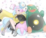  1girl absurdres bellibolt blush character_hair_ornament commentary_request dated grey_shirt grey_shoes grin hair_ornament happy highres iono_(pokemon) jacket knees long_hair long_sleeves looking_at_viewer multicolored_hair narusawa_byakuya one_eye_closed pokemon pokemon_(creature) pokemon_scarlet_and_violet shirt shoes single_leg_pantyhose sitting sleeves_past_fingers sleeves_past_wrists smile star_(symbol) teeth twintails two-tone_hair yellow_jacket 
