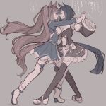  2girls aiguillette animal_ears black_hair black_thighhighs blue_eyes blue_jacket blue_tail bob_cut bodice breasts brown_hair closed_mouth commentary_request daiwa_scarlet_(peak_blue)_(umamusume) daiwa_scarlet_(umamusume) dancing detached_sleeves dirndl eishin_flash_(meisterschaft)_(umamusume) eishin_flash_(umamusume) epaulettes german_clothes hair_between_eyes hair_intakes highres holding_hands hollomaru horse_ears horse_girl horse_tail jacket large_breasts layered_legwear layered_skirt long_hair long_sleeves looking_at_another multiple_girls open_mouth red_eyes scrunchie shoes short_hair skirt smile speech_bubble striped_clothes striped_skirt swept_bangs tail teeth thighhighs translation_request twintails umamusume umamusume_horse_relations vertical-striped_clothes vertical-striped_skirt white_scrunchie white_thighhighs yuri 