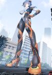  1girl absurdres ahoge black_bodysuit bodysuit breasts city closed_mouth colossus_(natsukaze_shigure) commentary_request covered_navel giant giantess green_eyes hand_on_own_hip high_heels highres multicolored_bodysuit natsukaze_shigure orange_bodysuit orange_shoes original shoes solo white_bodysuit 