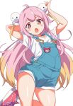  1girl ahoge arm_behind_head arms_up blue_overalls blush commentary_request commission fang gradient_hair hair_ornament indie_virtual_youtuber irodori_drawpic leg_up long_hair multicolored_hair open_mouth overall_shorts overalls pink_eyes pink_hair red_shoes shirt shoes short_sleeves skeb_commission socks solo standing standing_on_one_leg thighs virtual_youtuber white_shirt white_socks yumekayo_guu 