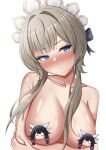  1girl :| absurdres alternate_breast_size_(larger) arms_under_breasts averting_eyes blue_eyes blush breast_focus breasts brown_hair censored character_censor closed_mouth collarbone columbina_(genshin_impact) commentary_request dot_nose embarrassed fingernails genshin_impact hair_intakes highres large_breasts milletfly nose_blush novelty_censor paid_reward_available sandrone_(genshin_impact) shiny_skin short_hair_with_long_locks simple_background solo topless_female upper_body white_background 