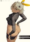  1girl absurdres ass black_gloves black_shirt black_shorts blush boosty_username breasts character_name closed_mouth clothes_pull cowboy_shot crossed_bangs dark-skinned_female dark_skin dialogue_options elbow_gloves english_commentary fang from_side girls'_frontline gloves green_eyes grey_hair hair_between_eyes hair_ornament hair_ribbon highres j_adsen jewelry klin_(girls'_frontline) letter_hair_ornament looking_at_viewer looking_to_the_side medium_breasts mixed-language_commentary multicolored_eyes multilingual_commentary options paid_reward_available partially_fingerless_gloves ponytail ribbon ring ringed_eyes russian_commentary russian_text shirt shorts shorts_pull simple_background skin_fang small_breasts solo twitter_username undressing v-shaped_eyebrows vkontakte_username wedding_ring white_background yellow_eyes yellow_ribbon 