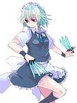  apron between_fingers black_legwear blue_dress dagger dress frills holding holding_weapon izayoi_sakuya kneehighs maid_headdress oekaki red_eyes silver_hair simple_background solo standing tadano_kagekichi touhou waist_apron weapon white_background wristband 