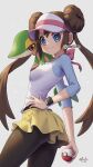  absurdres black_pantyhose blue_eyes blue_sleeves blush breasts brown_eyes brown_hair commentary_request donut_hair_bun dot_nose double_bun from_side hair_bun happy highres looking_at_viewer medium_breasts on_shoulder pantyhose poke_ball pokemer pokemon pokemon_(creature) pokemon_black_2_and_white_2 pokemon_on_shoulder raglan_sleeves rosa_(pokemon) shirt short_sleeves signature simple_background skirt smile snivy split_mouth turning_head twintails twitter_username visor_cap watch white_background white_shirt wristwatch yellow_skirt 