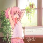  1girl adjusting_hair check_translation dolphin_shorts hanging_plant highres indoors juudo_ni_seiheki_kojireta_madoka_suki kaname_madoka looking_at_viewer mahou_shoujo_madoka_magica mahou_shoujo_madoka_magica_(anime) mouth_hold pink_eyes pink_hair pink_shorts ribbon ribbon_in_mouth shorts signature solo tank_top translation_request white_tank_top window 
