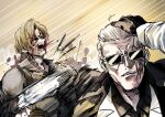  2boys black_gloves black_shirt blonde_hair blood blood_from_mouth blood_on_face closed_eyes collared_shirt commentary_request curtained_hair facial_hair facial_mark fighting formal_clothes ganma_(nicoseiga52595768) gloves hand_on_another's_head highres hitting injury jacket jujutsu_kaisen leon_s._kennedy male_focus meme motion_lines multiple_boys naoya_hitting_choso_without_looking_(meme) necktie open_mouth parody resident_evil resident_evil_requiem scar scar_across_eye scar_on_face shirt short_hair speed_lines suit sunglasses upper_body white_hair yellow_background zeno_(resident_evil) 