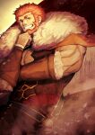  1boy absurdres bara beard biceps cape commentary facial_hair fate/zero fate_(series) fur-trimmed_cape fur_trim grin highres iskandar_(fate) looking_at_viewer male_focus muscular muscular_male pectorals planted planted_polearm polearm red_cape sakahoko smile weapon 