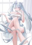  1girl :o absurdly_long_hair adjusting_hair bare_legs bare_shoulders barefoot blue_eyes blush bow breasts cinderella_(glass_princess)_(nikke) cinderella_(nikke) cleavage commentary crown detached_sleeves dress feet_out_of_frame goddess_of_victory:_nikke grey_hair hair_bow hair_ornament hair_over_one_eye highres holding holding_shoes holding_unworn_clothes hsw_04 large_breasts long_hair looking_at_viewer mini_crown nail_polish official_alternate_costume one_eye_covered parted_lips see-through_clothes shoes short_dress short_sleeves silver_nails sitting solo star_(symbol) star_hair_ornament toenail_polish toenails twintails unworn_shoes very_long_hair white_dress 
