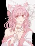  1girl animal_ear_fluff animal_ears anime_coloring bead_choker beads black_background cat_ears chinese_clothes chinese_commentary chinese_hairpin closed_mouth collarbone colored_eyelashes commentary_request dot_nose dress extra_ears eyes_visible_through_hair floral_print flower hair_flower hair_ornament hair_stick happy highres holding holding_umbrella infinity_nikki light_blush lipstick lofter_30955337 long_sleeves makeup nikki_(nikki) nikki_(series) oil-paper_umbrella pink_eyes pink_lips print_dress red_flower robe simple_background single_bare_shoulder smile solo strapless strapless_dress tareme umbrella umbrella_over_shoulder upper_body white_dress white_robe white_umbrella wide_sleeves 