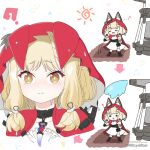  1girl :d ? animal_ear_fluff animal_ears arknights arknights:_endfield arrow_(symbol) black_boots blonde_hair boots brown_eyes cape chestnut_mouth chibi closed_eyes closed_mouth commentary_request dress ears_through_headwear eighth_note fang gameplay_mechanics hood hood_up hooded_cape long_hair mitya musical_note red_cape rossi_(arknights) smile sun_symbol surprised tail twitter_username water watermark wet wet_hair white_background white_dress wolf_ears wolf_girl wolf_tail 