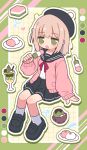  1boy black_hat black_sailor_collar black_shoes black_skirt brown_hair cardigan commentary_request crossdressing crossdressing_(mtf) dango food food_request full_body green_background green_eyes green_outline hat highres hishimochi holding holding_food invisible_chair long_sleeves male_focus matcha_parfait medium_hair miniskirt naga_u one_side_up open_mouth original outline pink_cardigan pleated_skirt pom_pom_hat_ornament revision sailor_collar sanshoku_dango shirt shoes sitting skirt sleeves_past_wrists socks solo suama-kun_(naga_u) trap wagashi white_outline white_shirt white_socks 