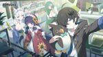  1boy 3girls absurdres ahoge animal_ears black_hair blue_eyes bottle breasts cleavage commentary cup disposable_cup english_commentary flower fox_ears fox_girl gloves green_eyes green_hair grey_hair hair_flower hair_ornament hair_over_one_eye highres holding holding_bottle long_hair looking_at_viewer maid maid_headdress male_tyrant_(stella_sora) manew multiple_girls nanoha_(stella_sora) otoha_(stella_sora) pointy_ears portia_(stella_sora) purple_eyes purple_hair second-party_source sherlock_(stella_sora) sideways_hat smile stella_sora sunflower sunflower_hair_ornament sweatdrop tyrant_(stella_sora) visor_cap white_gloves 