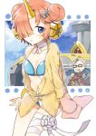  1boy 1girl ark_kan asymmetrical_sleeves bandaged_leg bandages bikini black-framed_eyewear black_gloves blue_bikini blue_eyes blush breasts cleavage cloud commentary day double_bun facial_hair fate/grand_order fate_(series) frankenstein's_monster_(fate) frankenstein's_monster_(swimsuit_saber)_(fate) frankenstein's_monster_(swimsuit_saber)_(first_ascension)_(fate) glasses gloves grey_hair hair_bun hair_ornament hair_over_one_eye horns james_moriarty_(archer)_(fate) looking_at_viewer mature_male medium_breasts mustache outdoors parted_lips pink_hair single_horn sky solo_focus sparkle swimsuit 