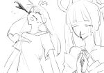  2girls absurdres ahoge aroused cho_kaguya-hime! crying greyscale heart heart_ahoge highres kaguya_(cho_kaguya-hime!) long_hair monochrome multiple_girls praying runami_yachiyo simple_background twintails white_background yknk_uni 